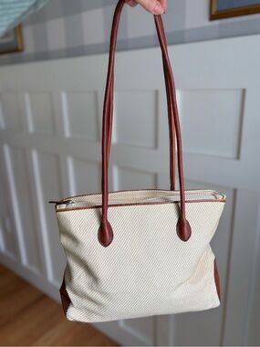 Etienne Aigner Cream Canvas Shoulder Bag with Brown Leather Trim